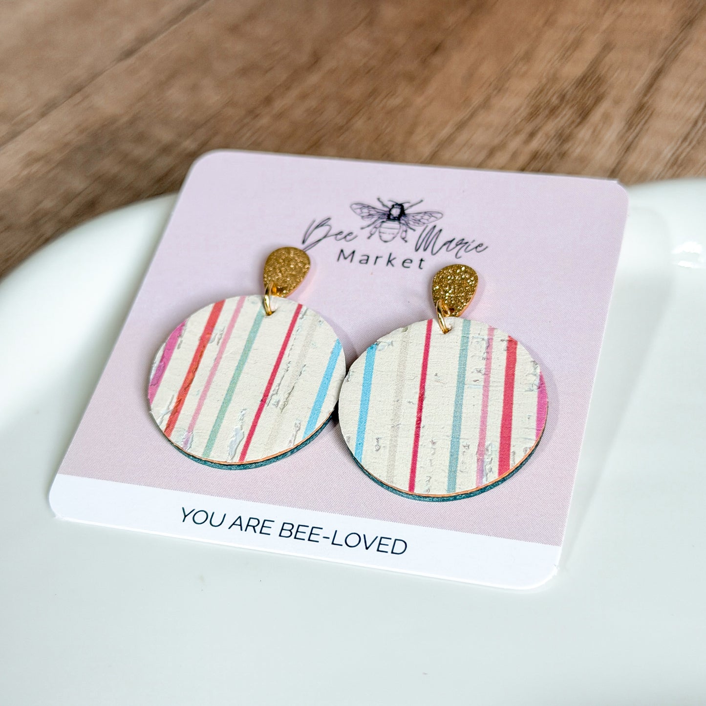 Pastel Stripe Cork Round Earrings