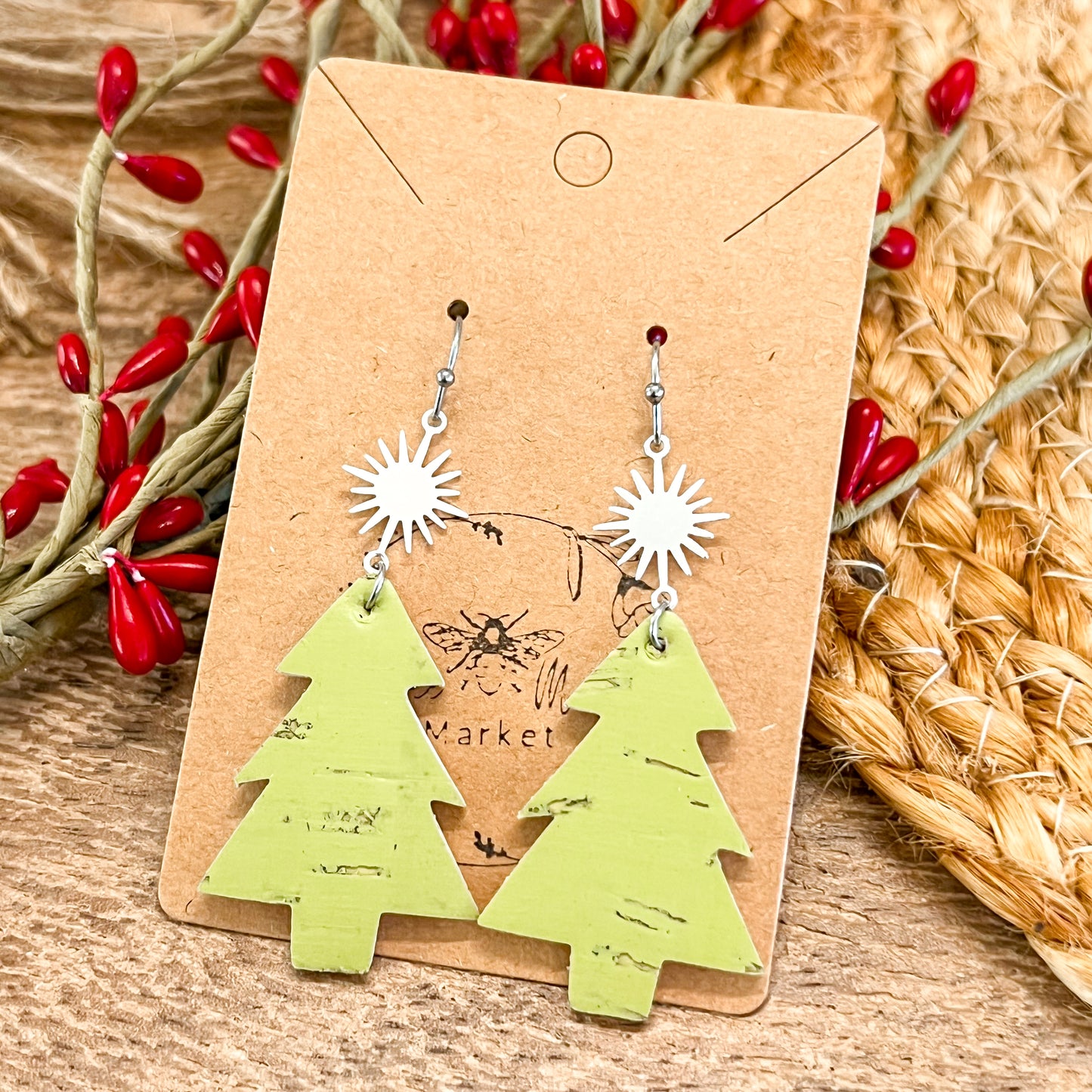 Lime Christmas Tree & Star Earrings