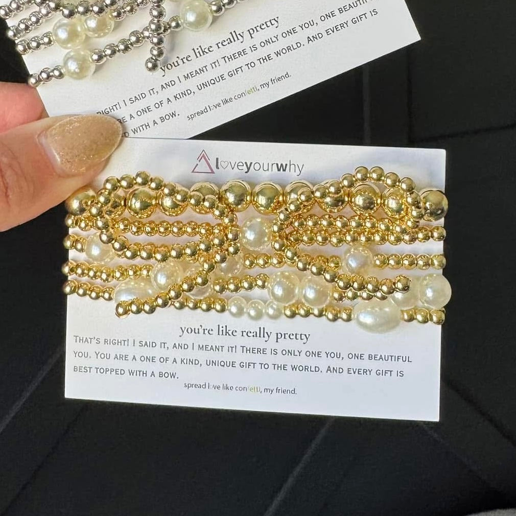 Gold Pearl Bow Bracelet Set