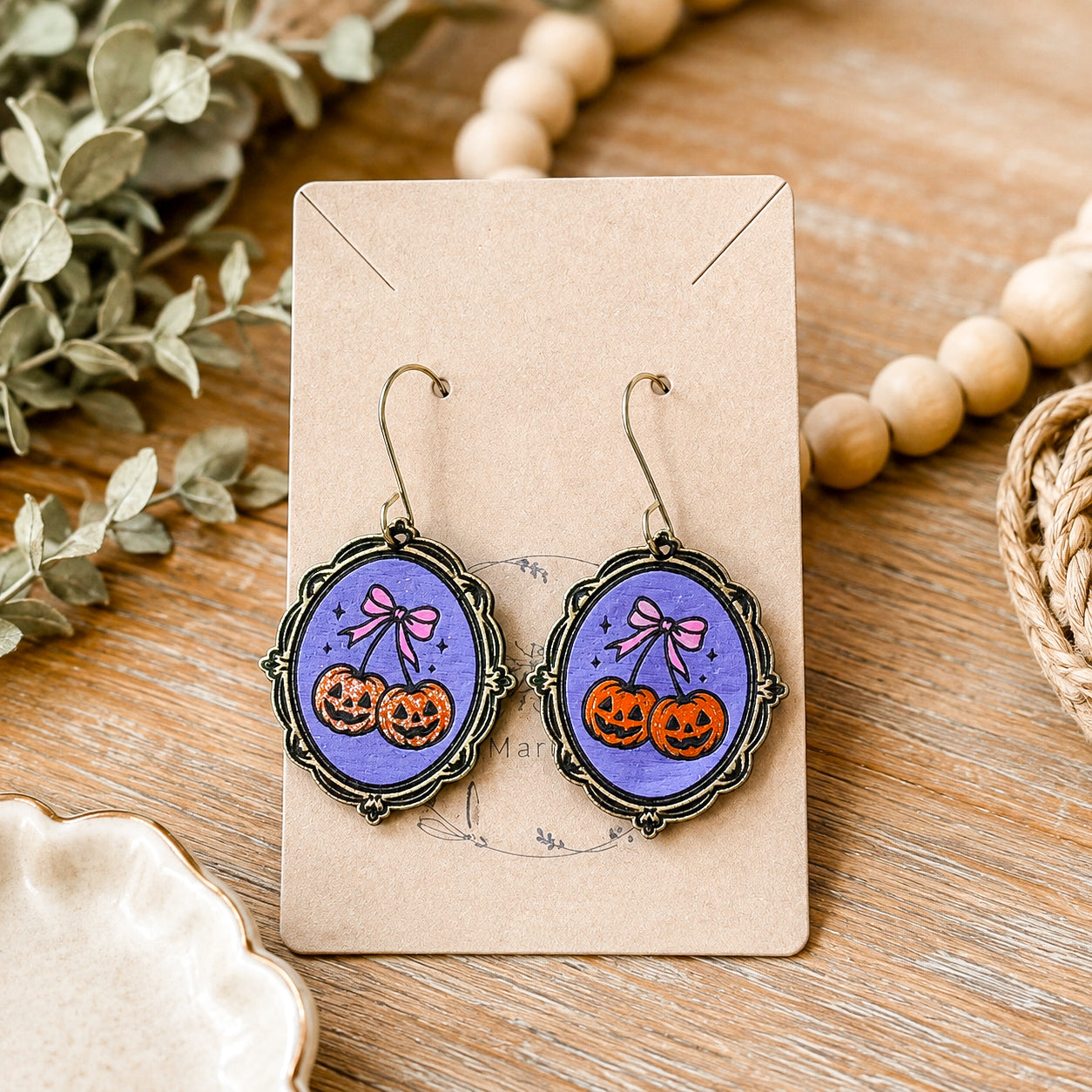 Hand Painted Vintage Framed Pumpkin Cherry Earrings