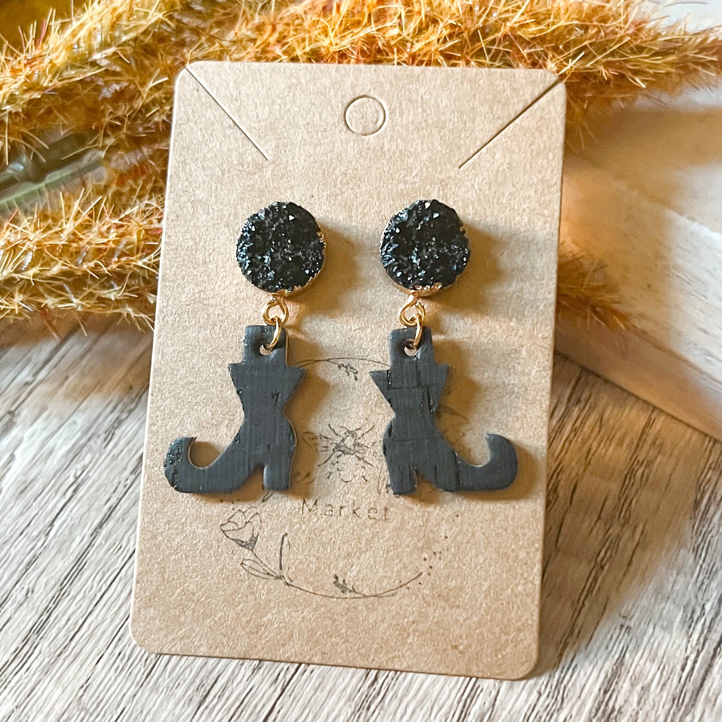 Black Druzy Witch Leather Boot Earrings
