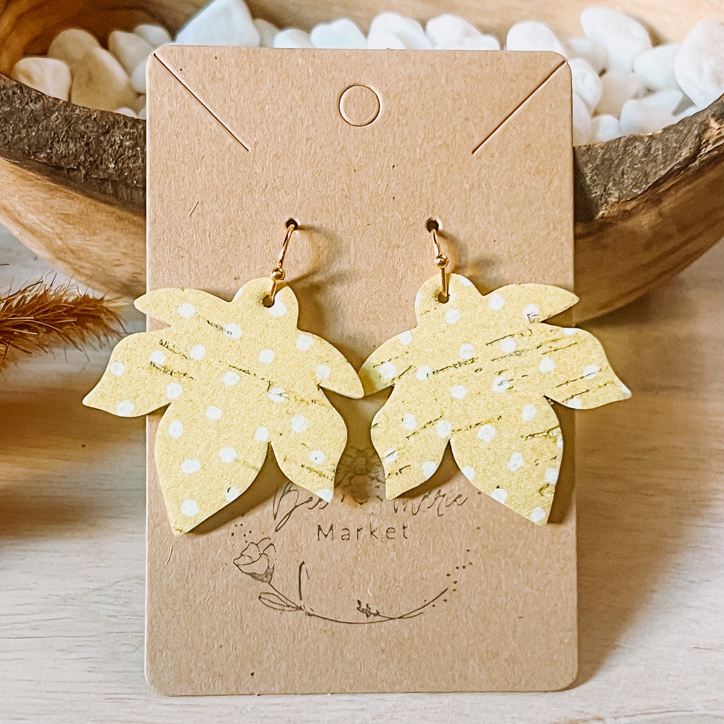 Yellow & White Polka Dot Leaf Earrings