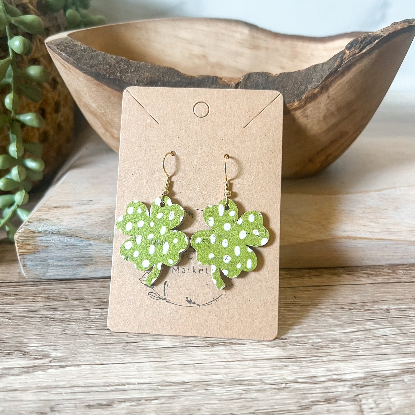 Olive Green Doodle Dot Shamrock Earrings