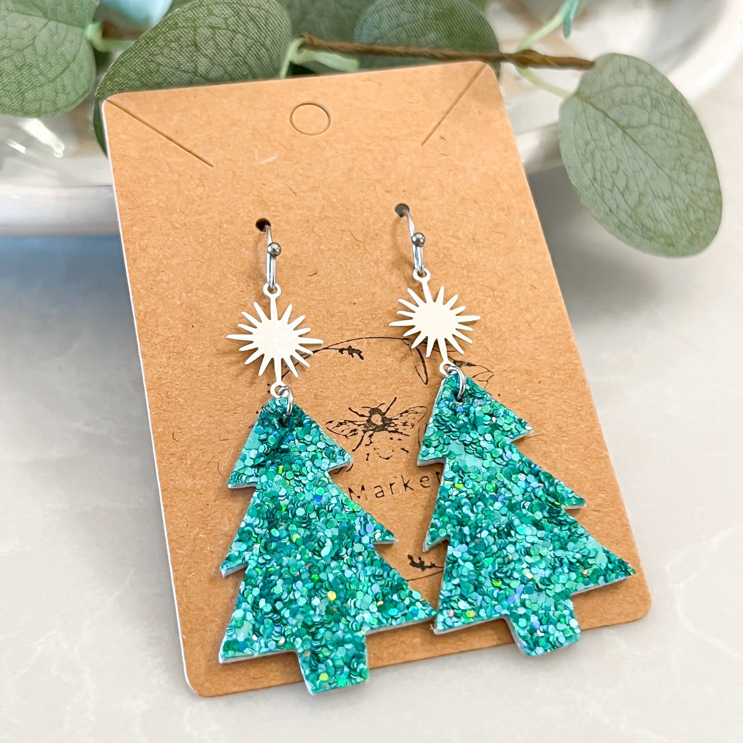 Teal Glitter & Star Christmas Tree Earrings