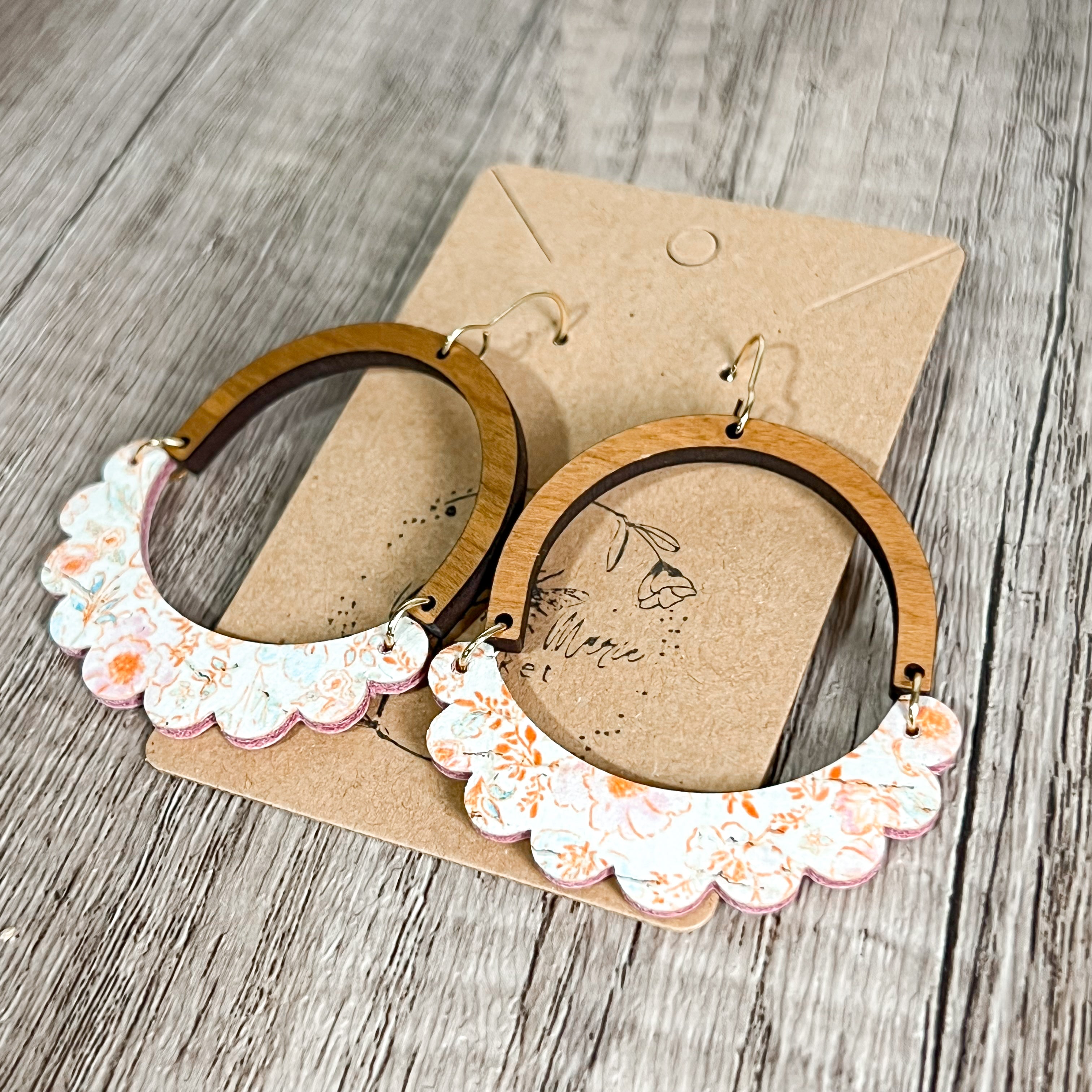 Pink & Coral Floral Genuine Leather Ruffle Arch Earrings