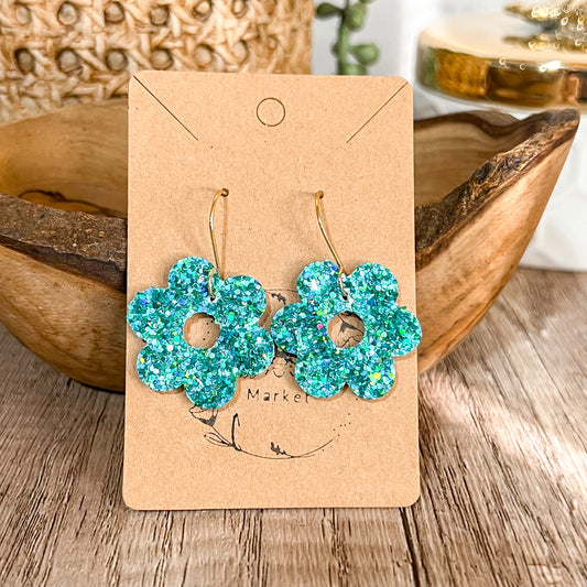 Teal Glitter Flower Earrings