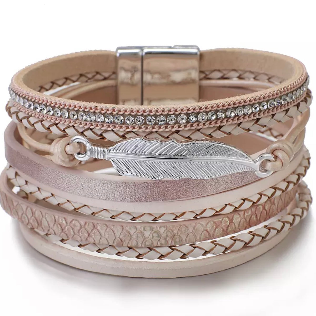Pink Leaf Multi-Layered Stacked Wrap Leather Bracelets