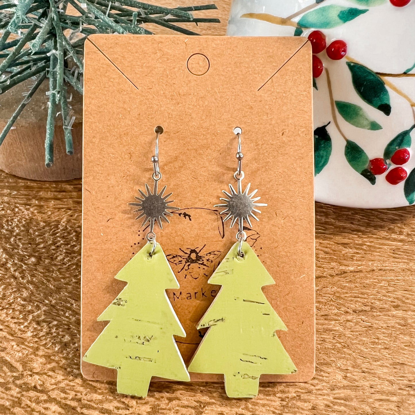 Lime Christmas Tree & Star Earrings