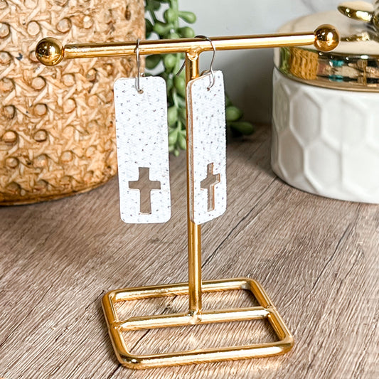 White Sparkle Cutout Cross Bar Earrings