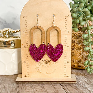 Gina Raspberry Glitter Heart Arch Earrings