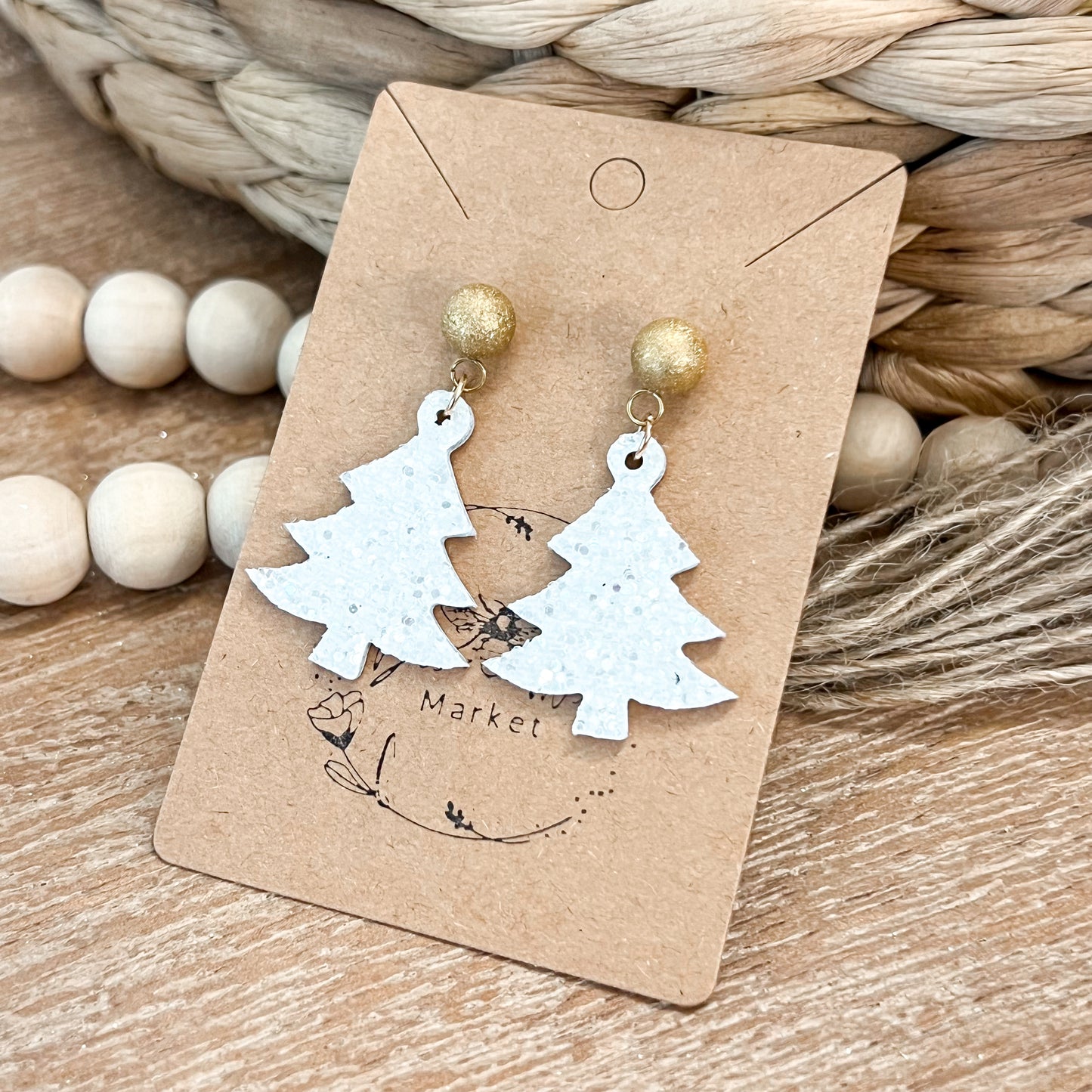 Have a Ball White Glitter Christmas Tree Earrings