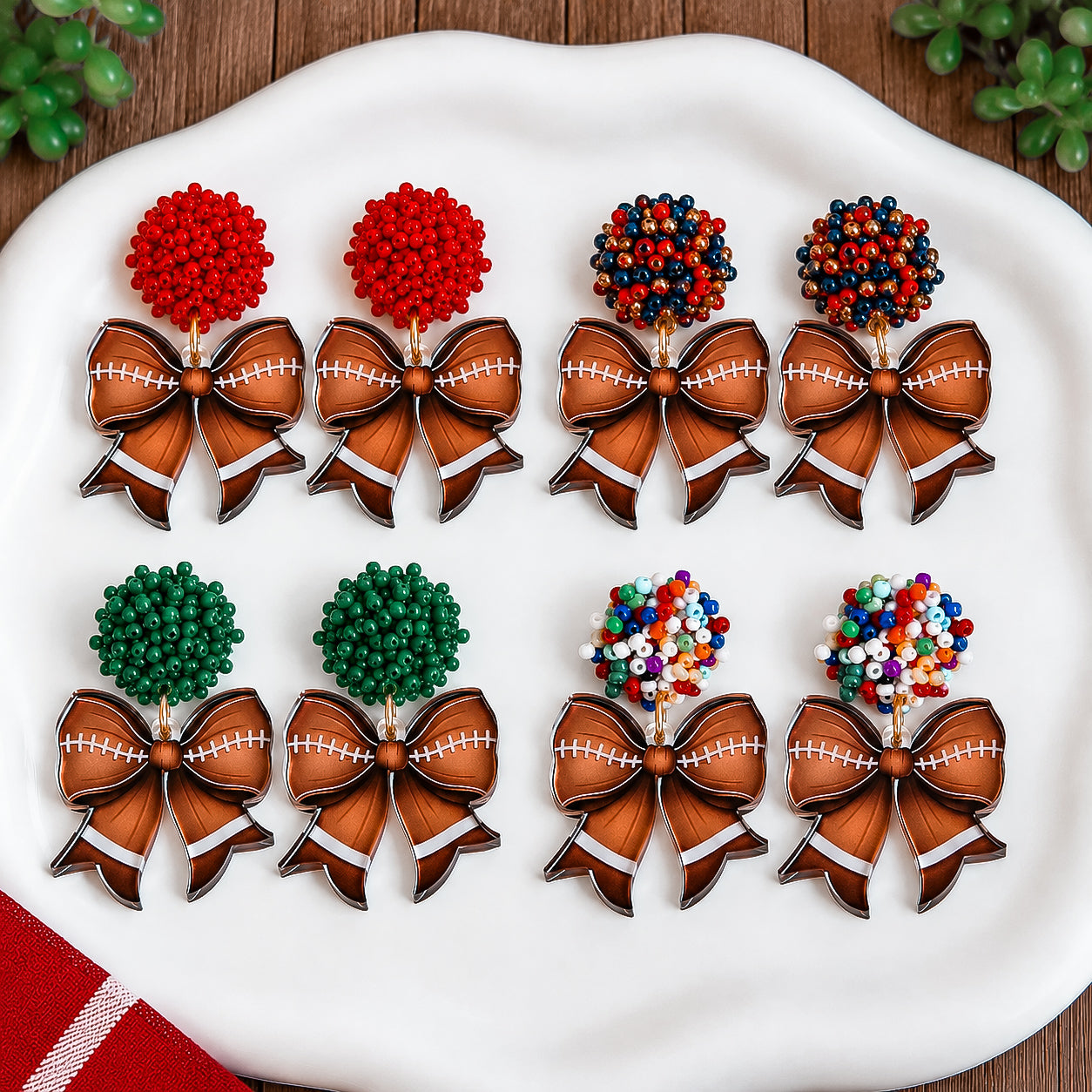 Beaded Football Bow Statement Earrings