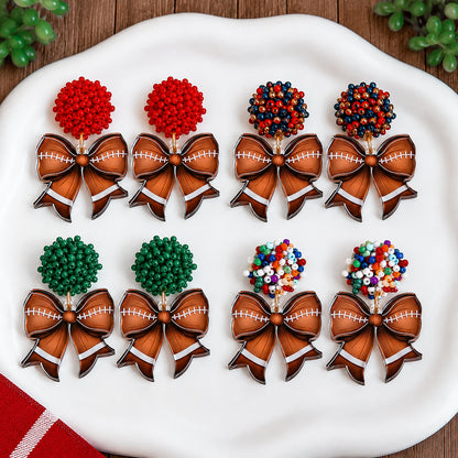 Beaded Football Bow Statement Earrings