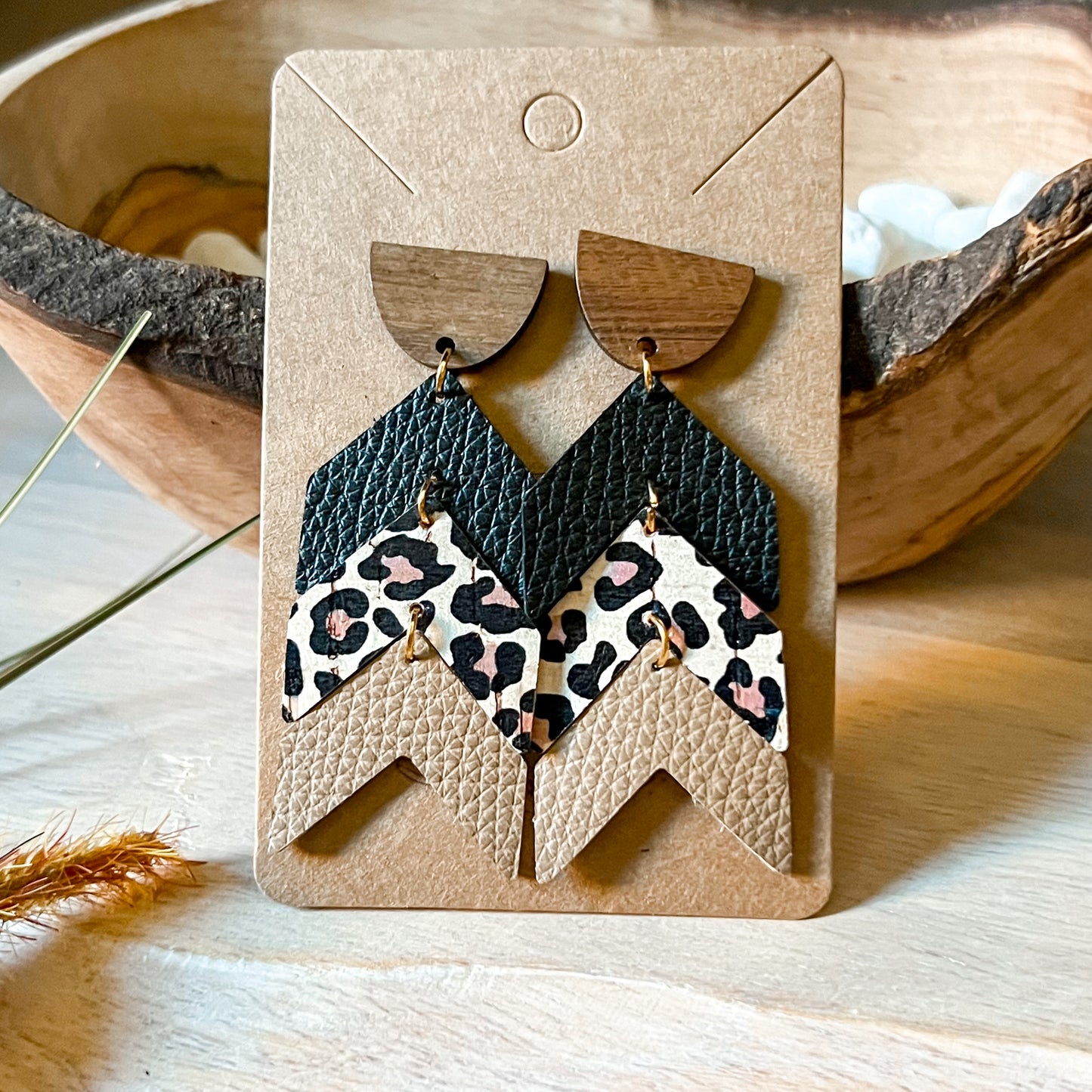 Tiered Black Animal Print Neutral Arrow Earrings