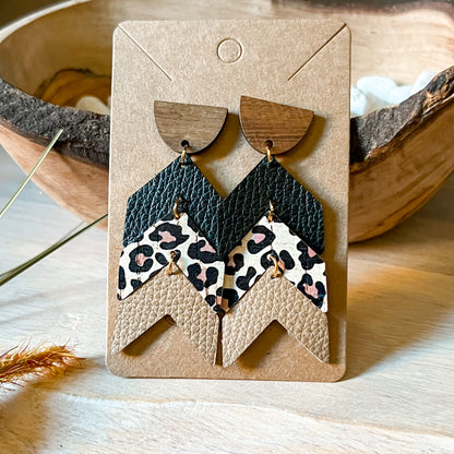 Tiered Black Animal Print Neutral Arrow Earrings