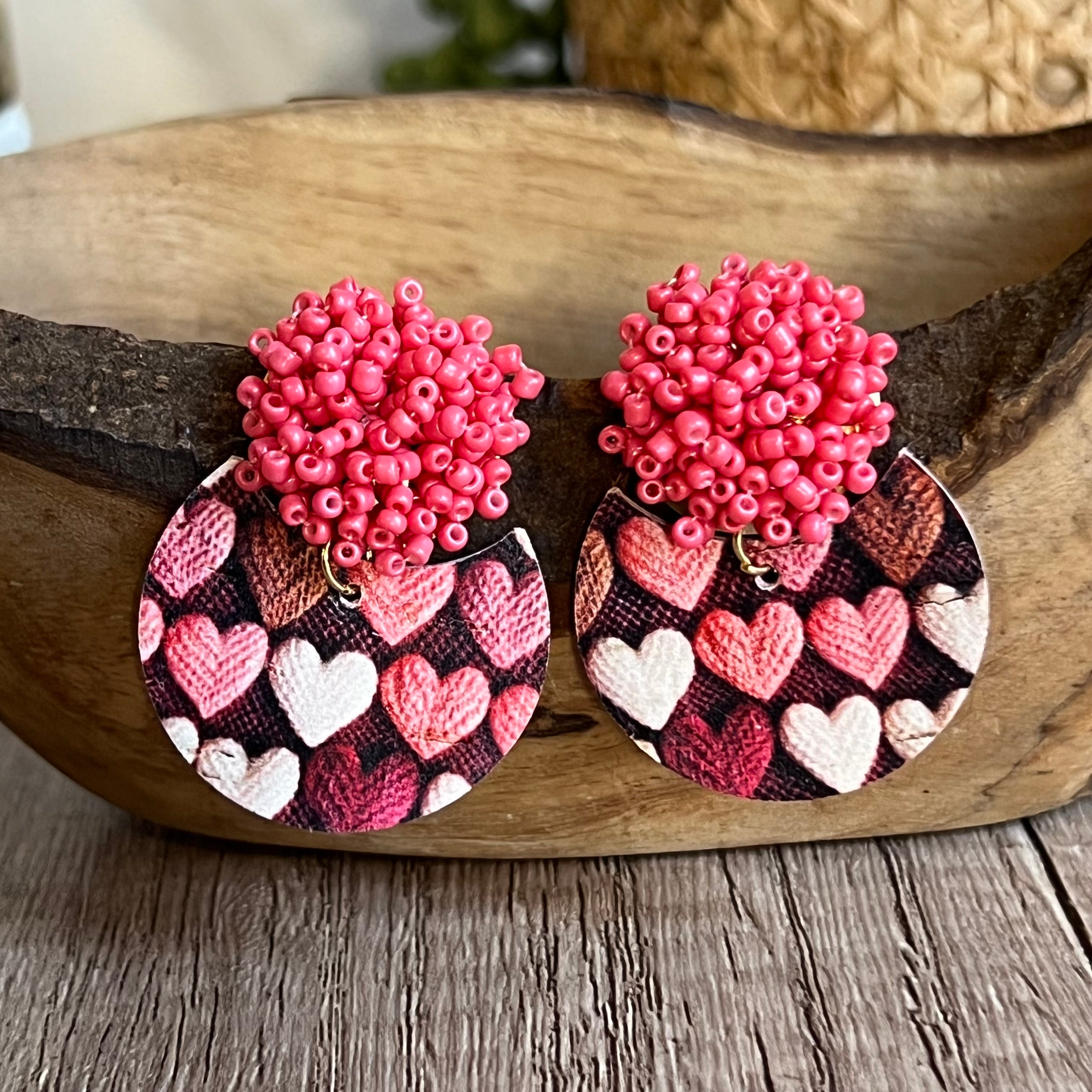 Beaded Pom Pom Heart Earrings