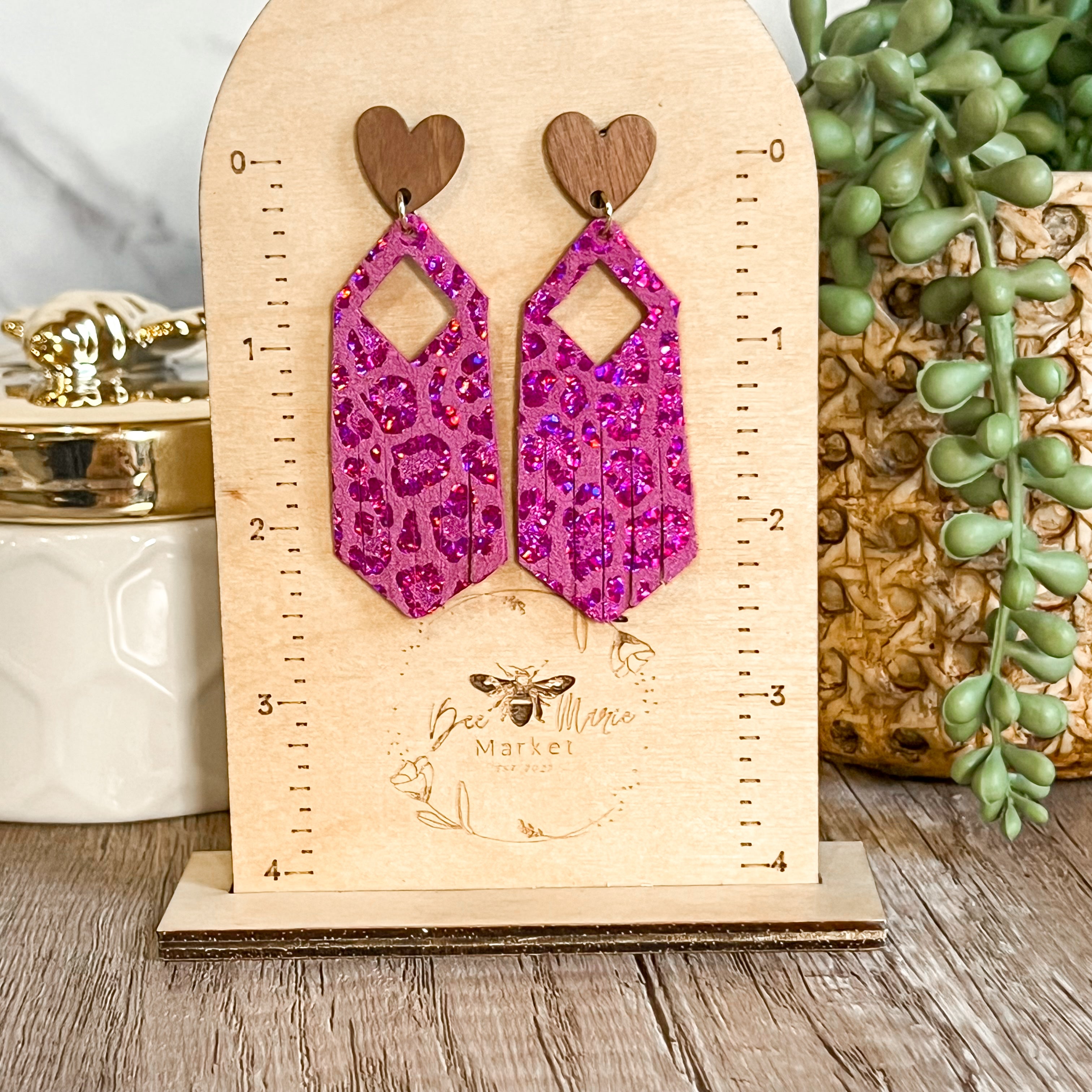 Johanna Pink Shimmer Leopard Heart Fringe Earrings