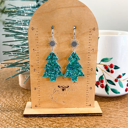 Teal Glitter & Star Christmas Tree Earrings