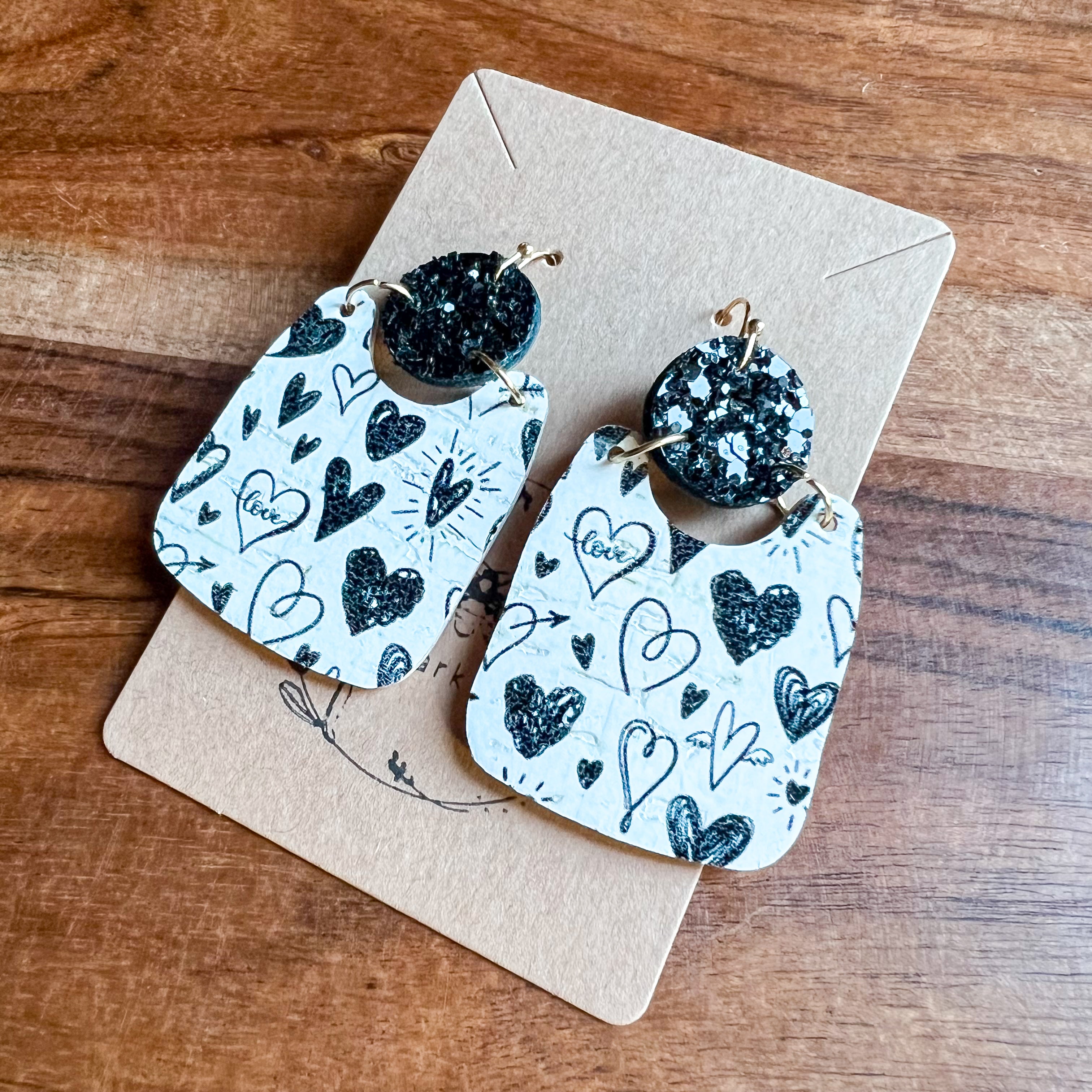 Amanda Black & White Heart Glitter Earrings