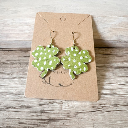 Olive Green Doodle Dot Shamrock Earrings