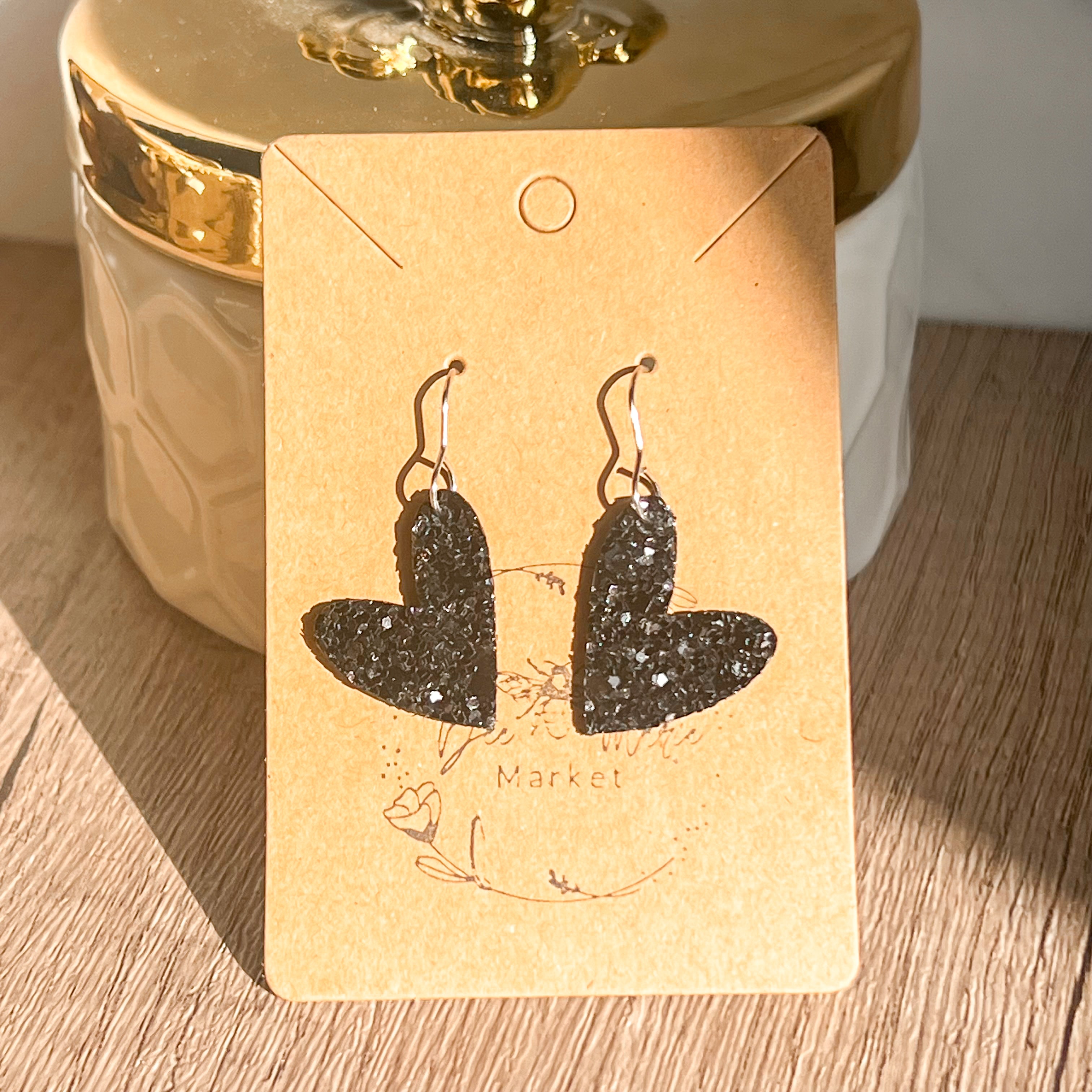 Holly Black Glitter Heart Earrings