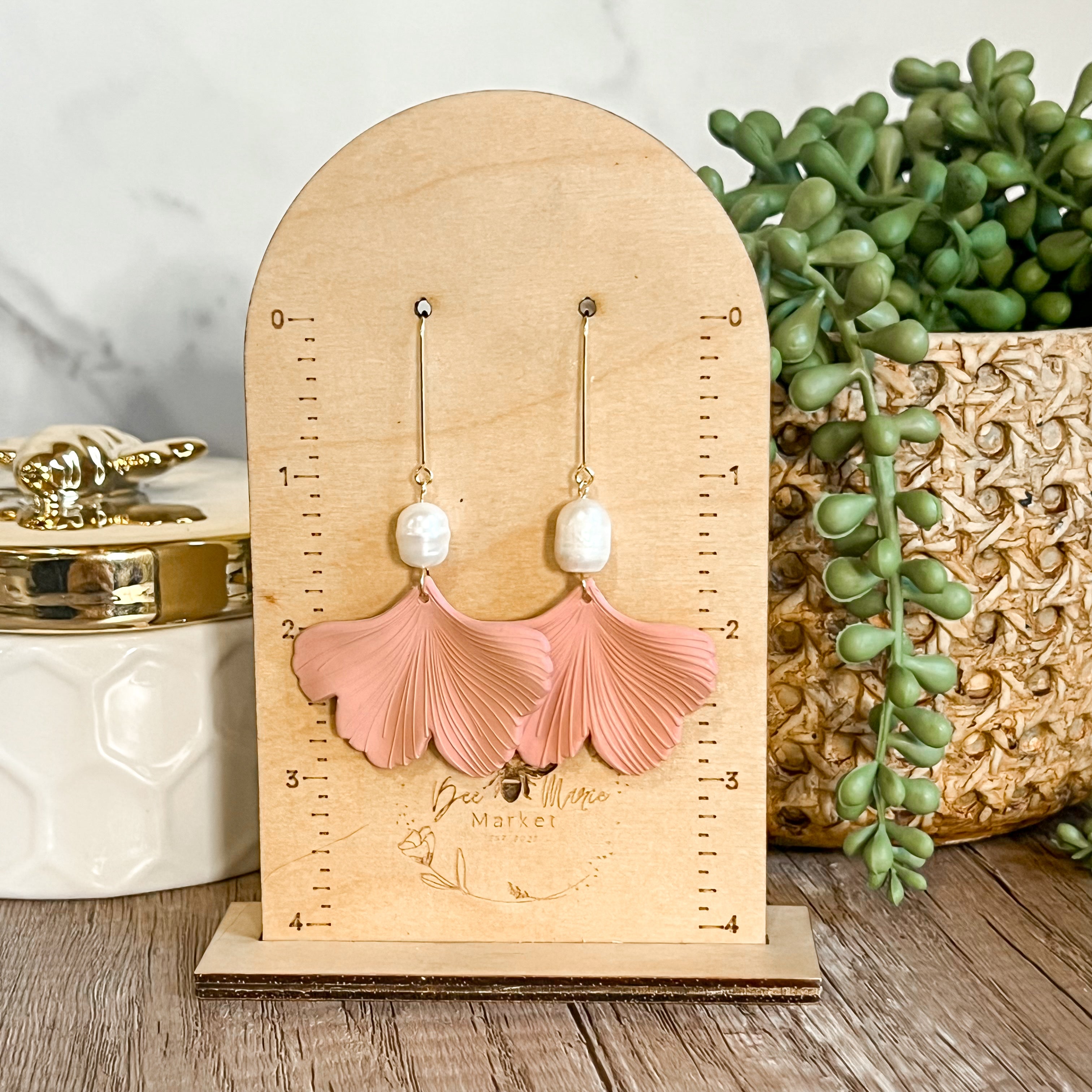 Brittney Blush Leaf Pearl Drop Earrings