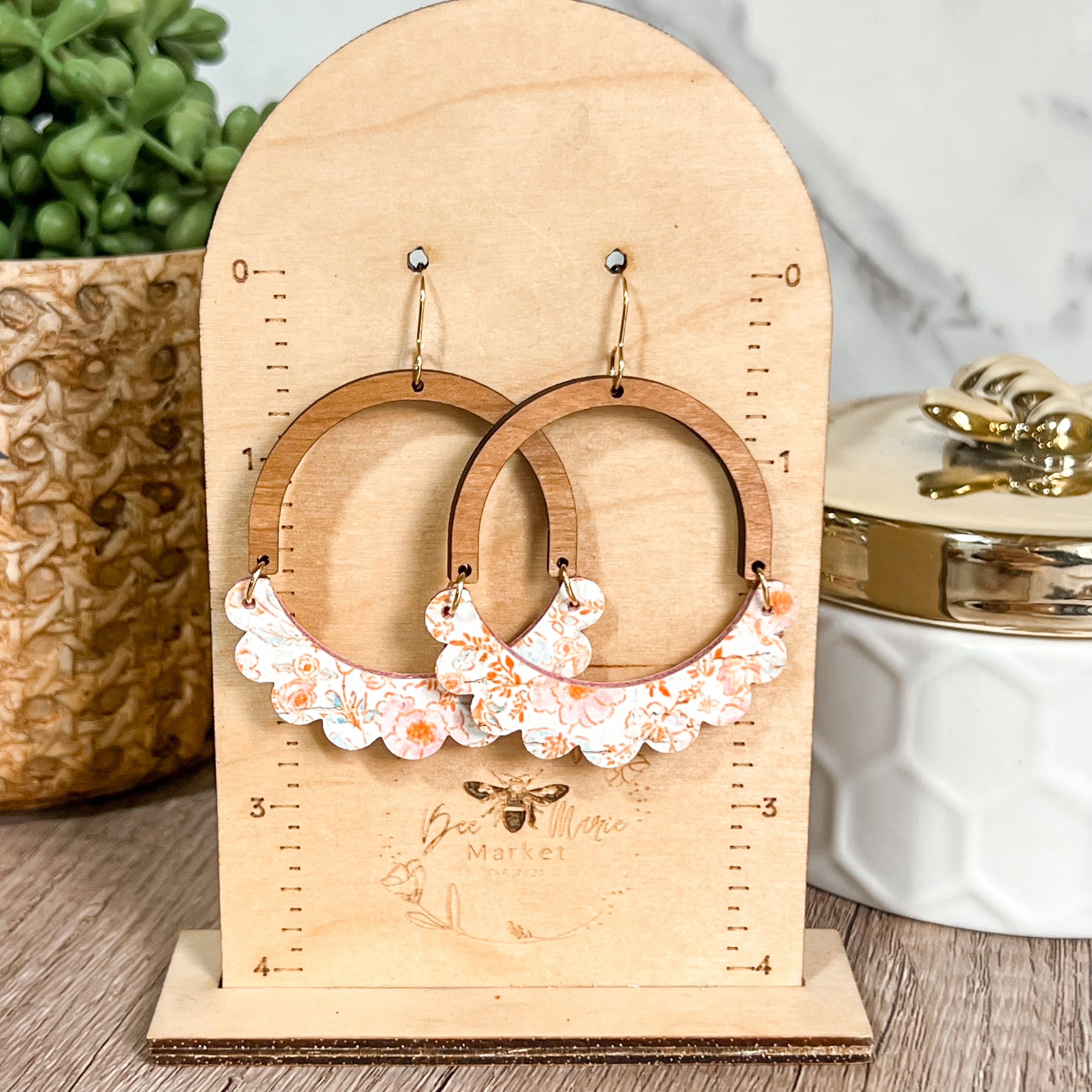 Pink & Coral Floral Genuine Leather Ruffle Arch Earrings