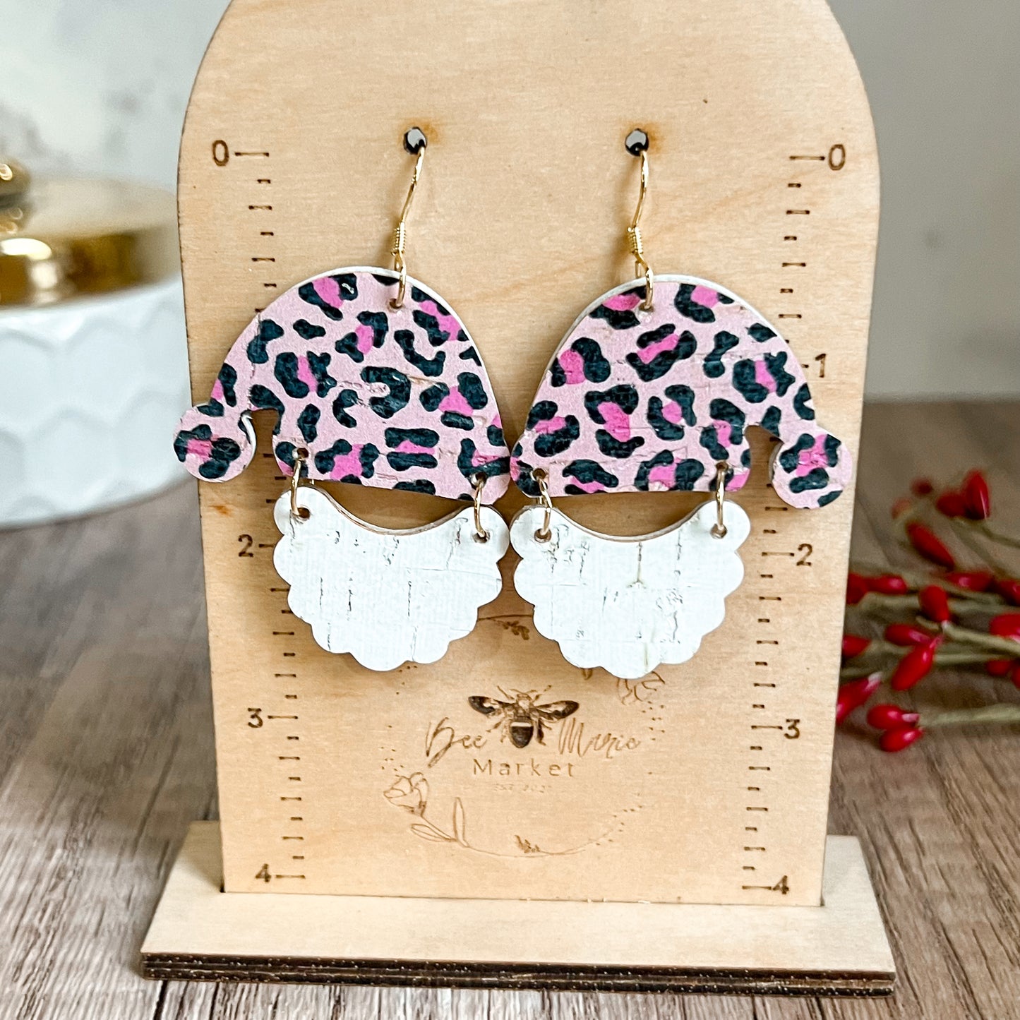Handmade Pink Animal Print Santa Hat/Beard Earrings
