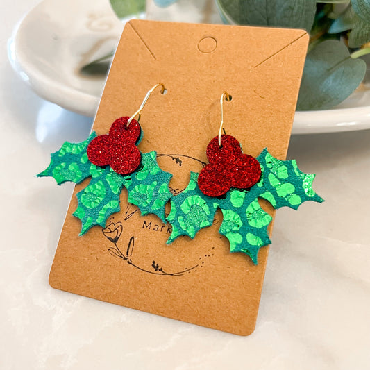 Green Shimmer Holly Jolly Leather Earrings