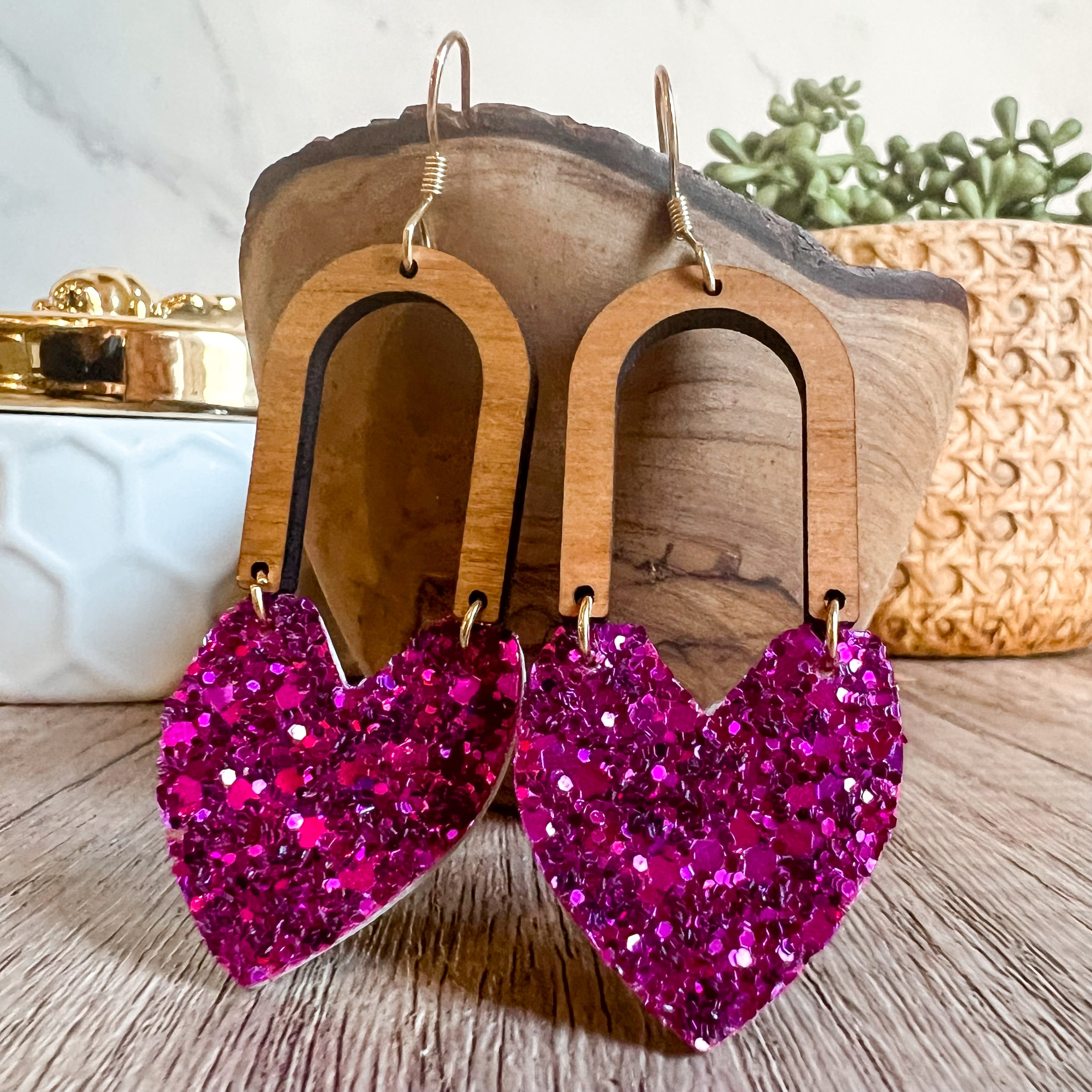 Gina Raspberry Glitter Heart Arch Earrings