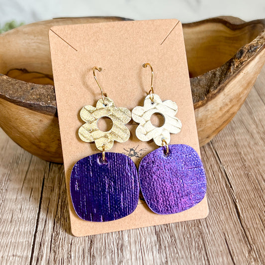 Golden Bloom & Violet Leather Earrings