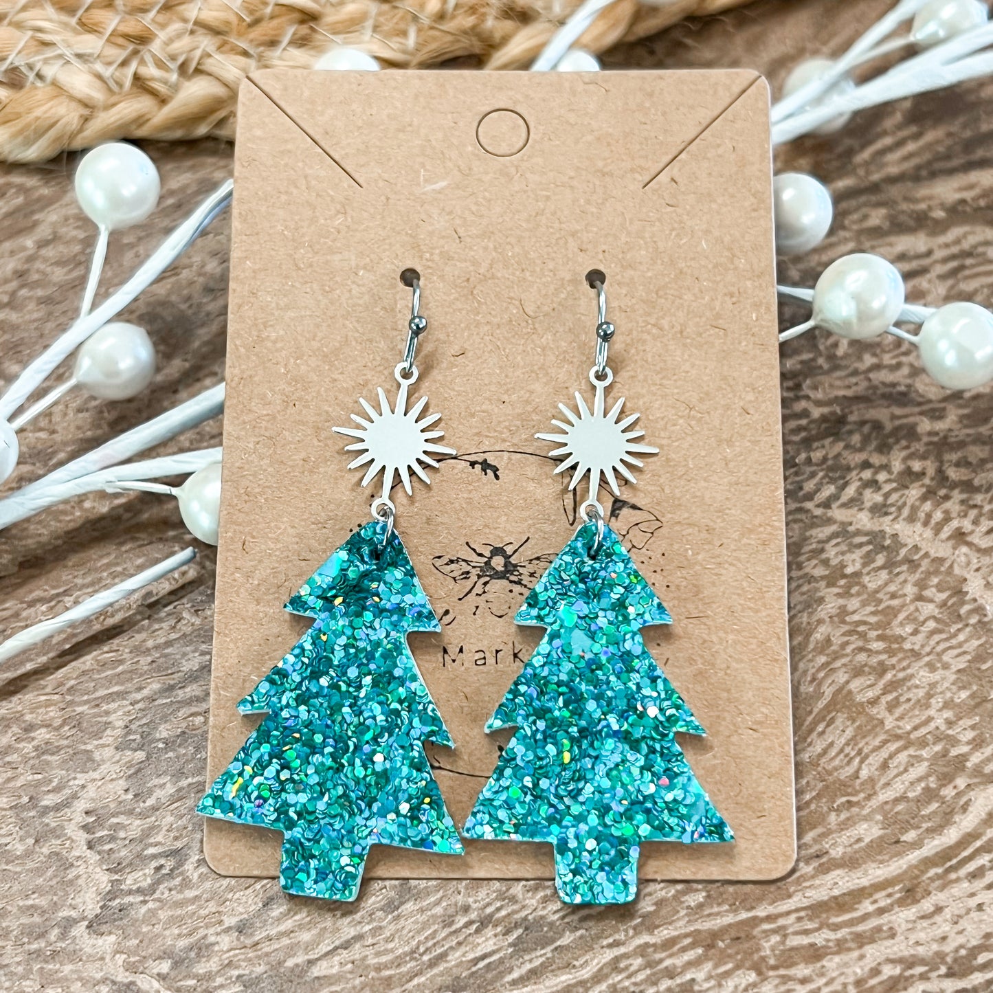 Teal Glitter & Star Christmas Tree Earrings