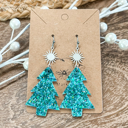 Teal Glitter & Star Christmas Tree Earrings