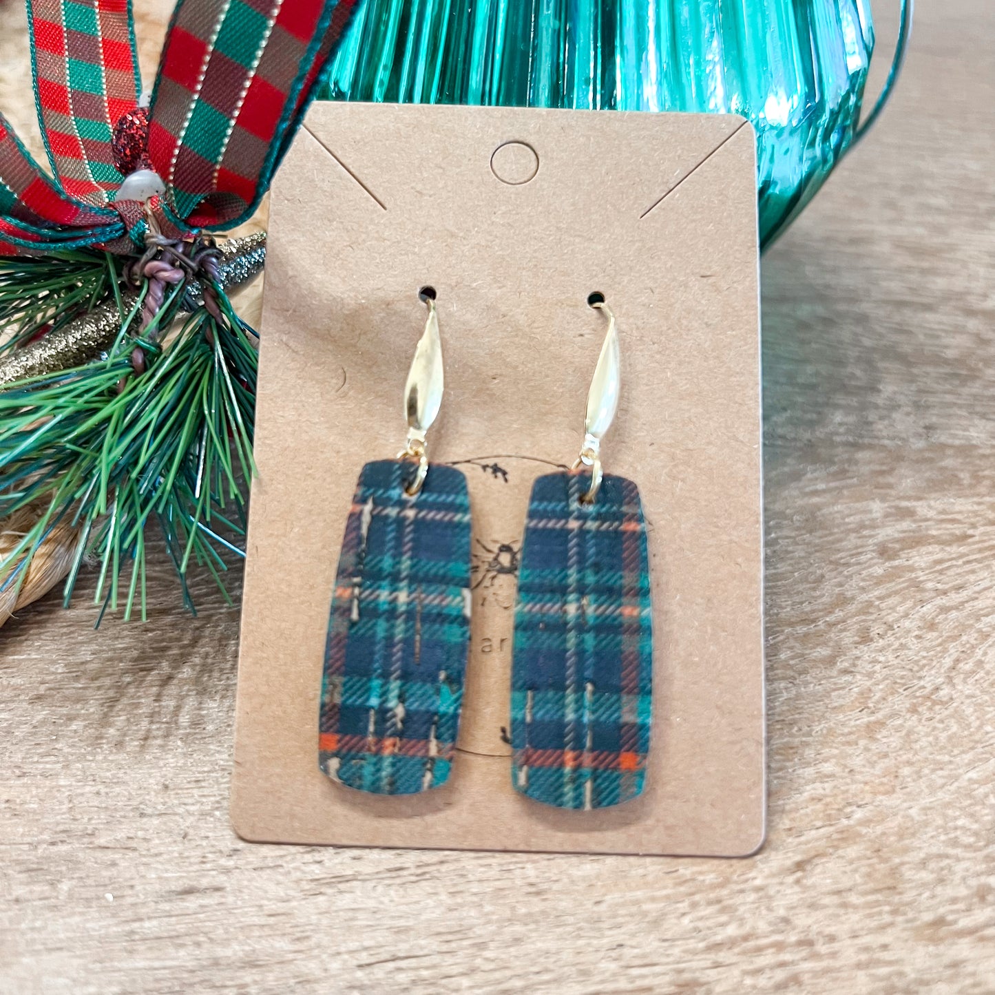 Green Tartan Leather Bar Earrings
