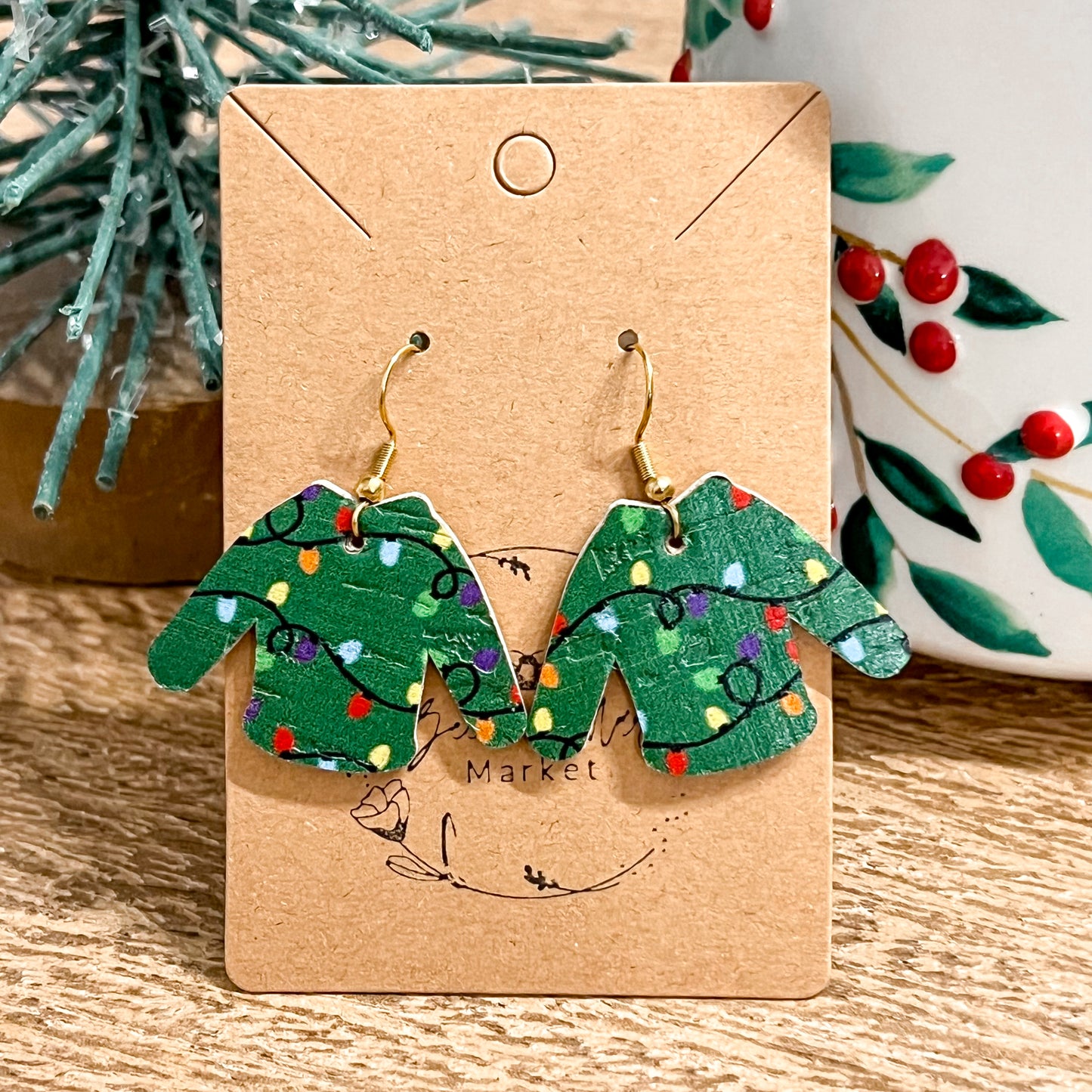 Green Christmas Light Ugly Christmas Sweater Earrings