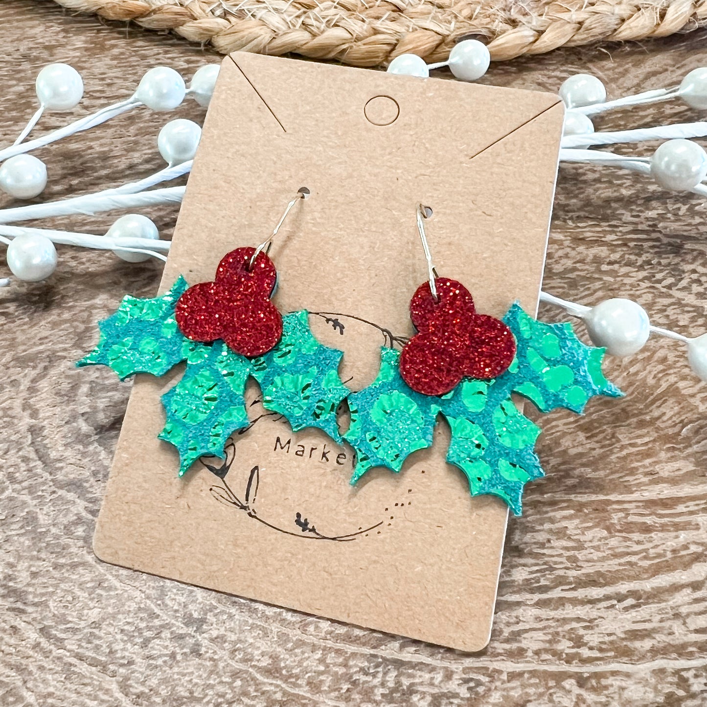 Green Shimmer Holly Jolly Leather Earrings