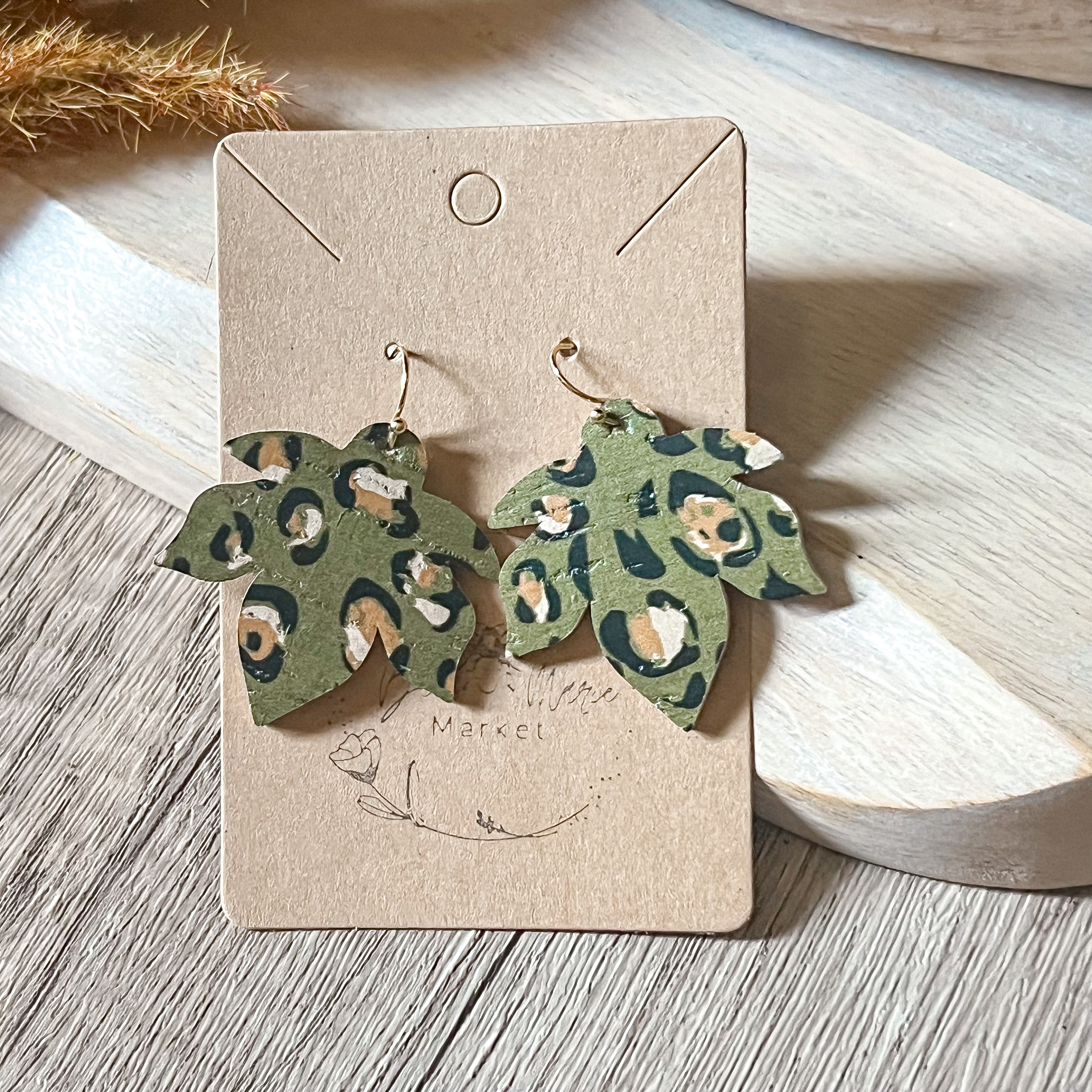 Olive Leopard Spot Leaf Earrings 10DT