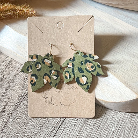 Olive Leopard Spot Leaf Earrings