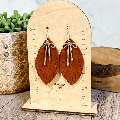 Fall Fringe Bow Leaf Earrings - Rust & Silver