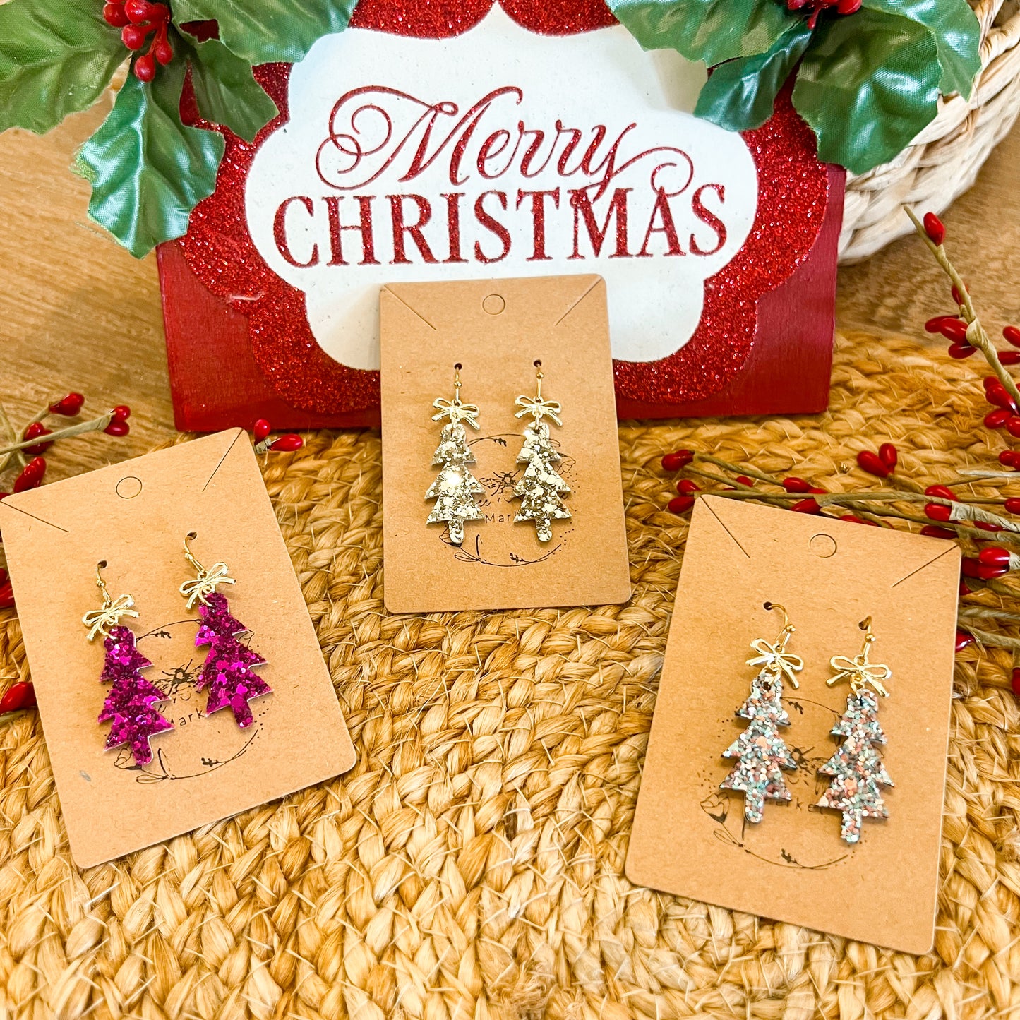Gold Glitter Skinny Christmas Tree Earrings