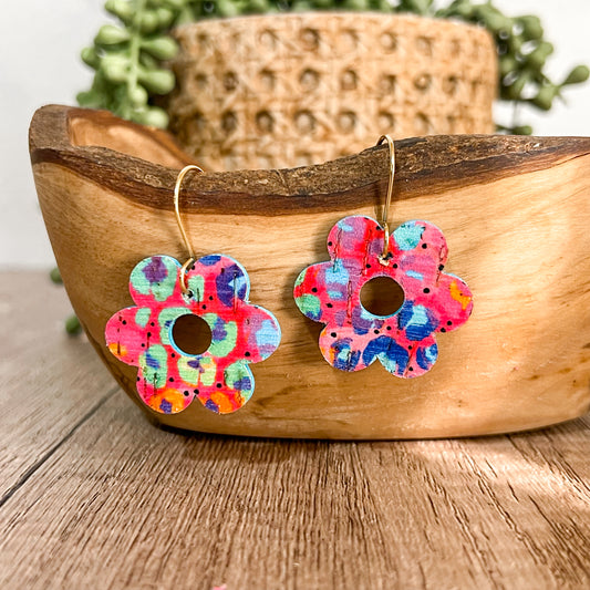 Neon Animal Print Flower Earrings
