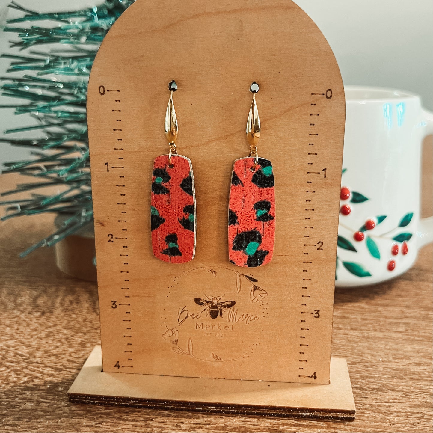Red & Green Leopard Luxe Bar Earrings