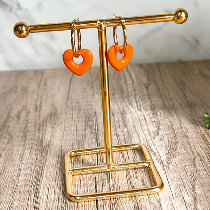 Golden Hoops with Orange Hearts