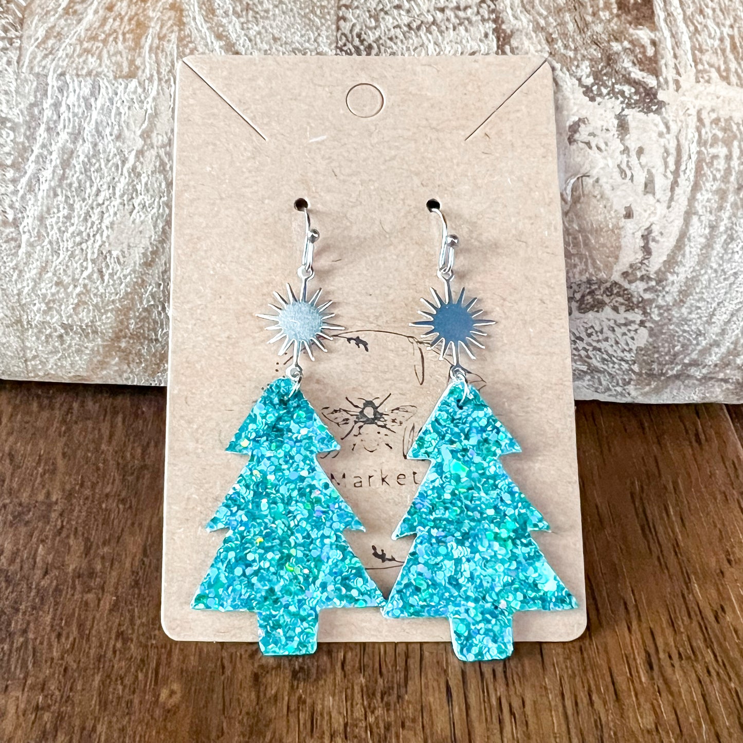 Teal Glitter & Star Christmas Tree Earrings