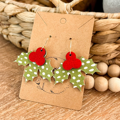 Lime Doodle Dot Holly Jolly Leather Earrings