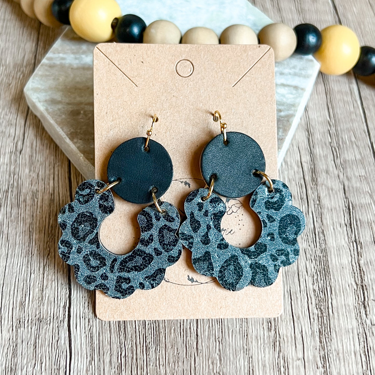 Black Animal Print Scalloped Leather Earrings
