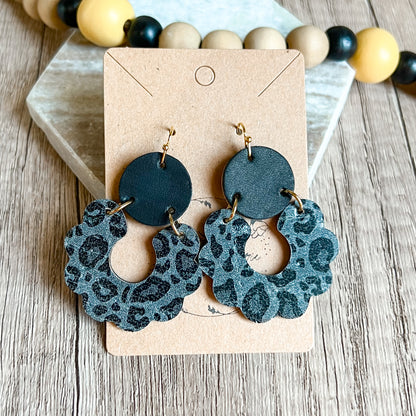 Black Animal Print Scalloped Leather Earrings
