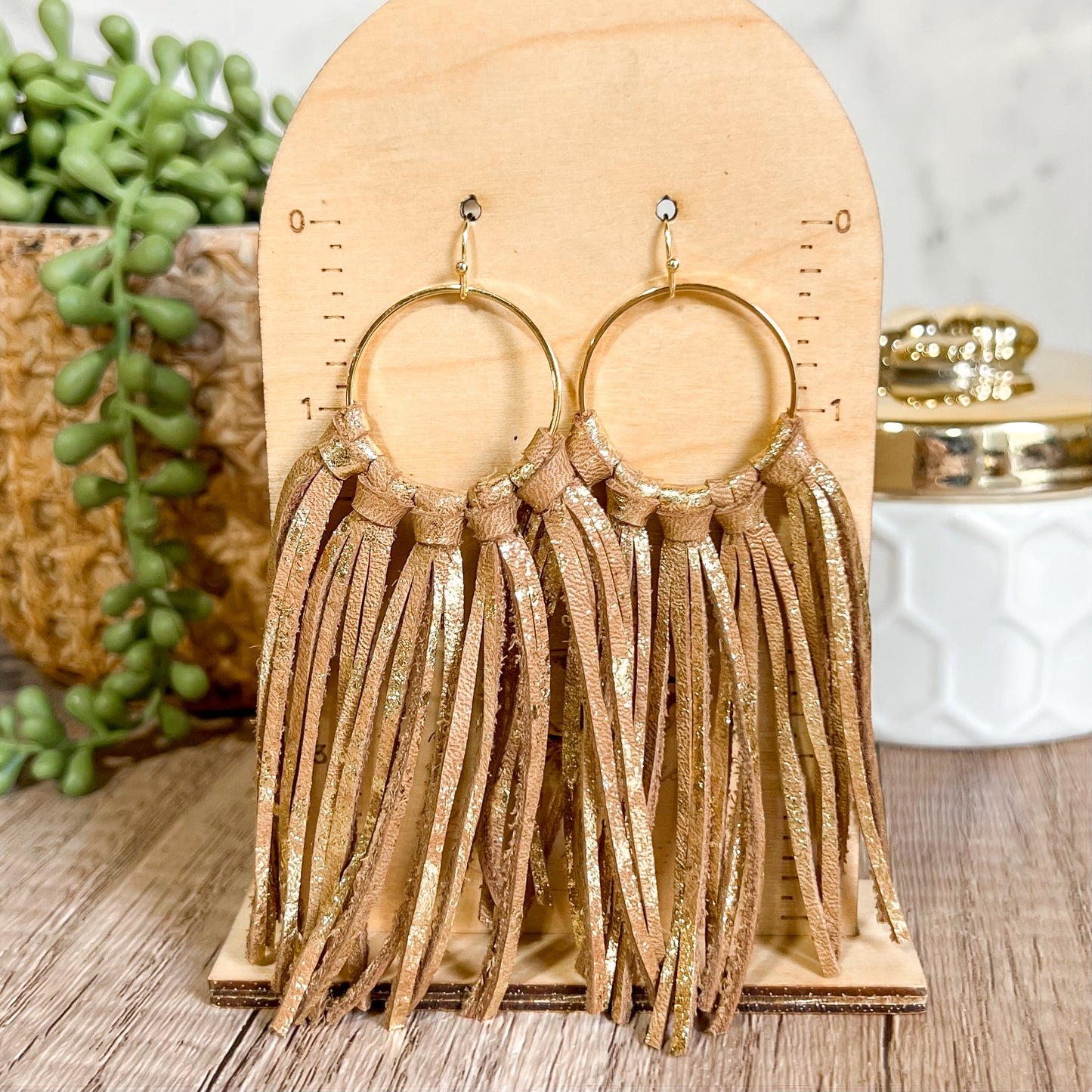 Golden Fringe Leather Hoops