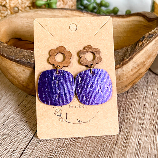 Walnut Bloom & Violet Leather Earrings