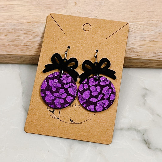 Purple Leopard & Black Bow Round Earrings